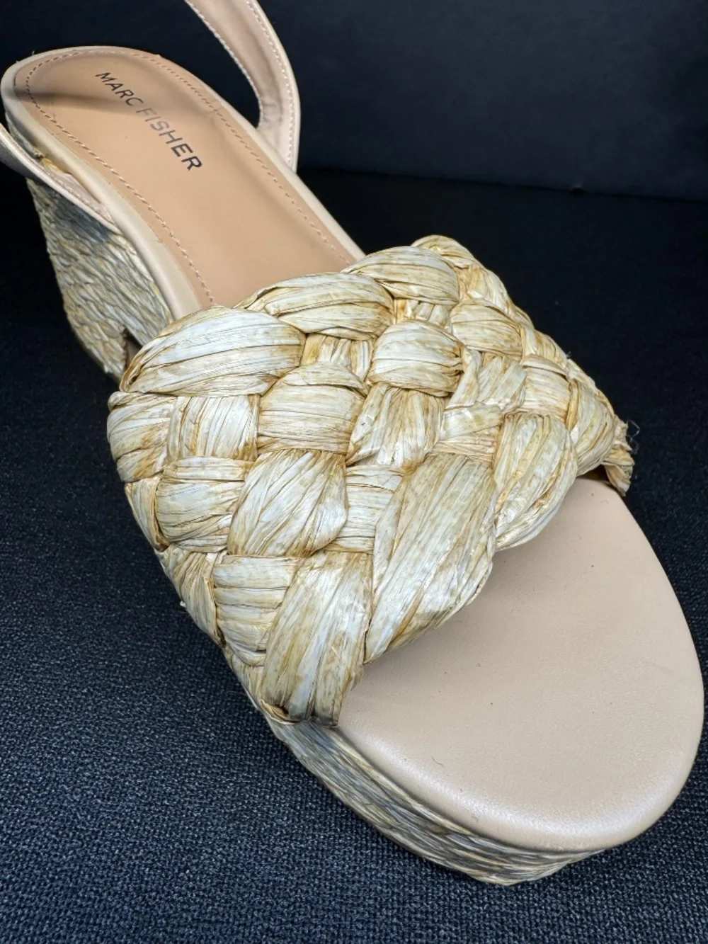 Marc Fisher Mesteel Raffia Platform Block Heel Sandals Beige Natural Size 7.5M